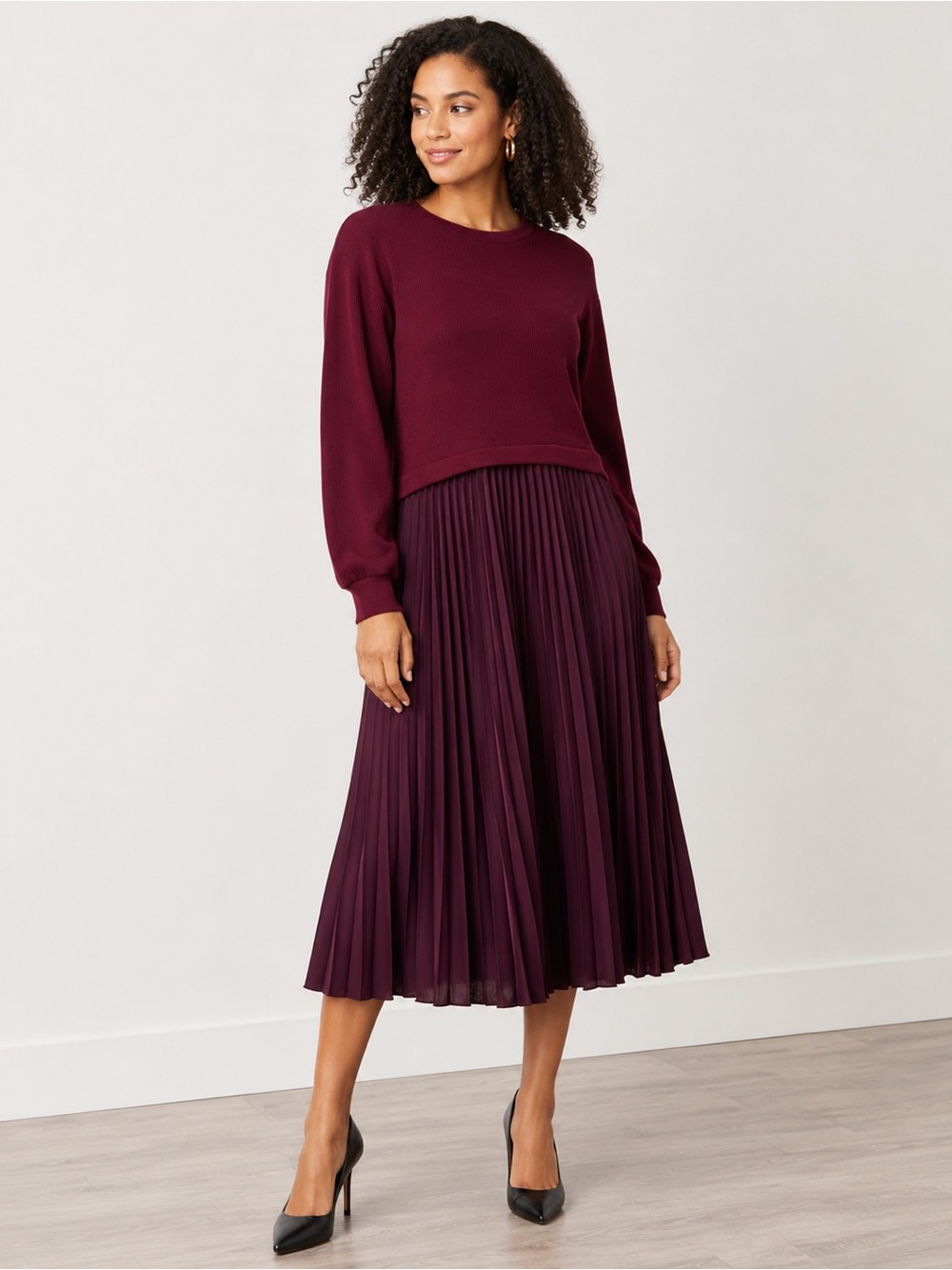 Burgundy Pleated Midi Sweater Dress | Elegant Two-Tone Look